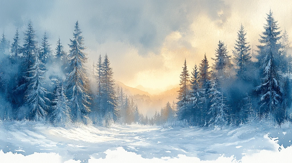 水彩插画雪地上的树木顶着天空