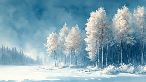 水彩插画雪地上的树木顶着天空