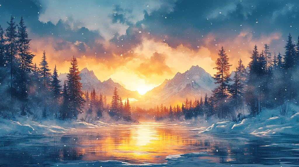 水彩插画夕阳下白雪皑皑的景致