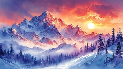 春夏秋冬四季水彩插画系列日落时白雪皑皑的山景