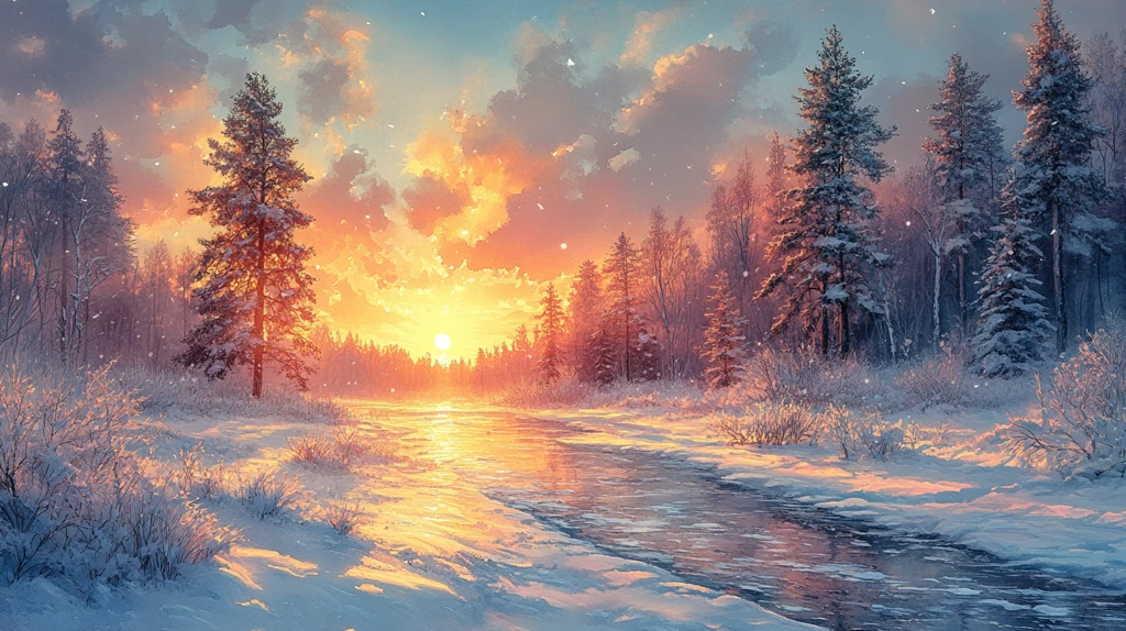 雪景冬日夕阳图