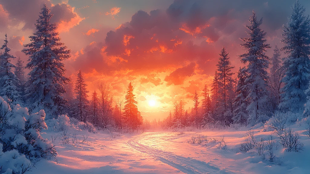 水彩插画日落时白雪皑皑的景色