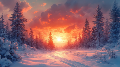 水彩插画日落时白雪皑皑的景色