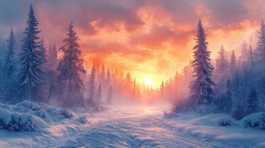 水彩插画日落时白雪皑皑的景色