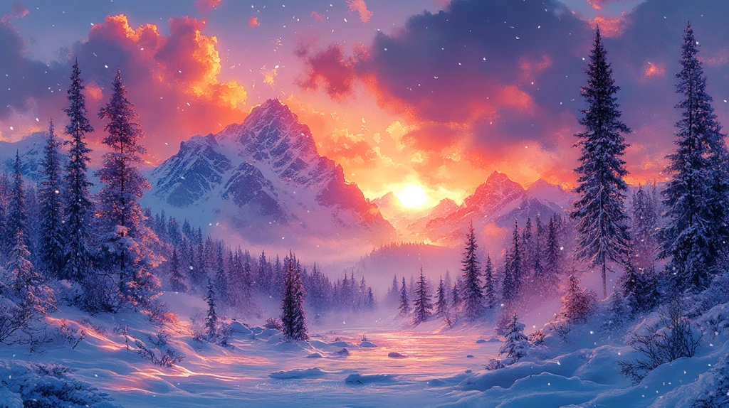 水彩插画日落时白雪皑皑的景色