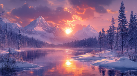 风景主题插画日落时白雪皑皑的群山景色