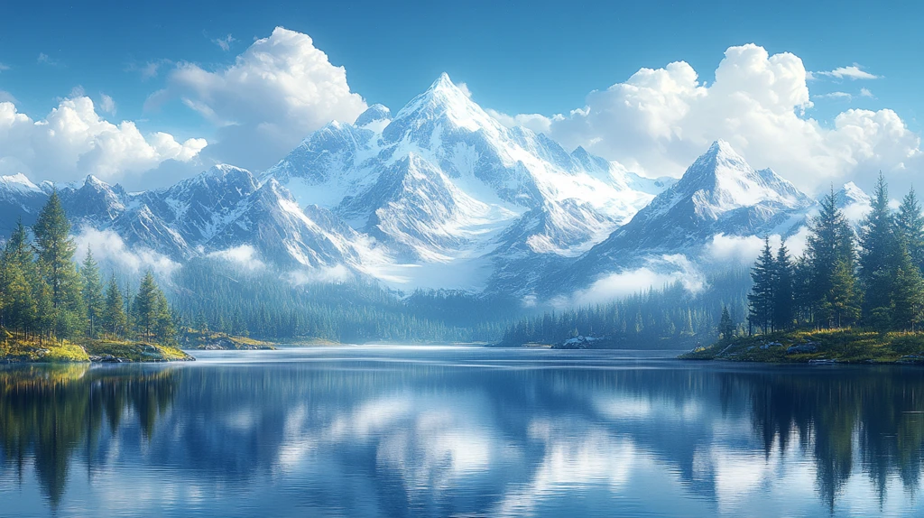 风景主题插画白雪皑皑的群山映衬下的湖景