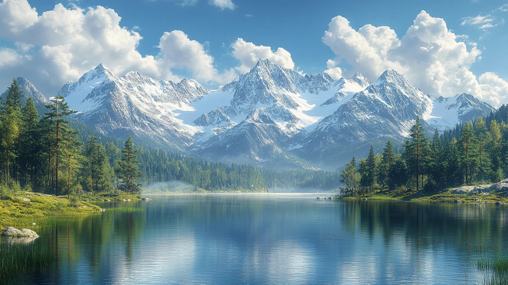 风景主题插画白雪皑皑的群山映衬下的湖景