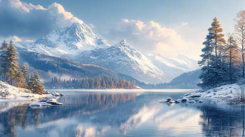 风景主题插画白雪皑皑的群山映衬下的湖景