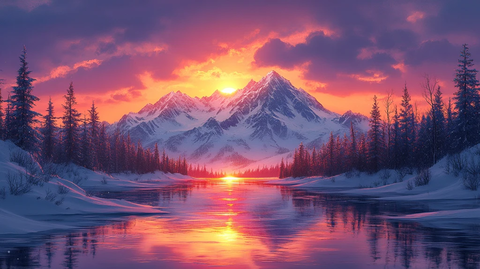 雪山日落湖光图