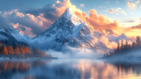 日落时白雪皑皑的群山景色