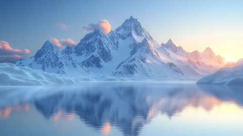 日落时白雪皑皑的群山景色