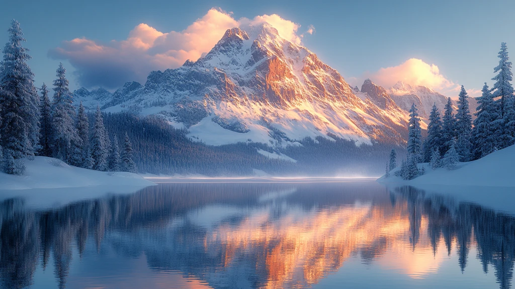 日落时白雪皑皑的群山景色