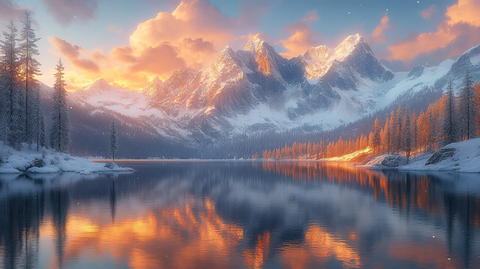 日落时白雪皑皑的群山景色