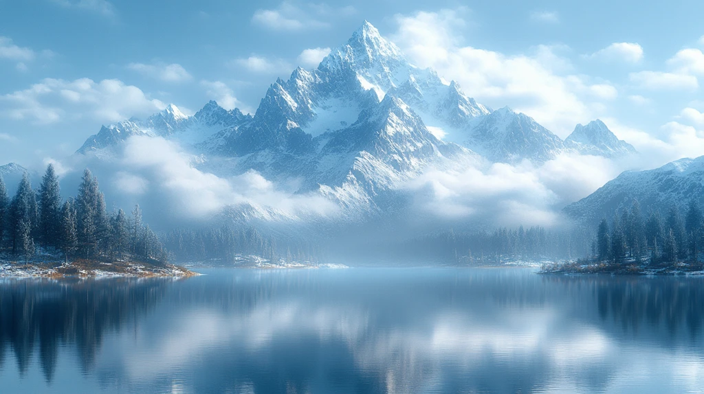 白雪皑皑的群山映衬着多云的天空