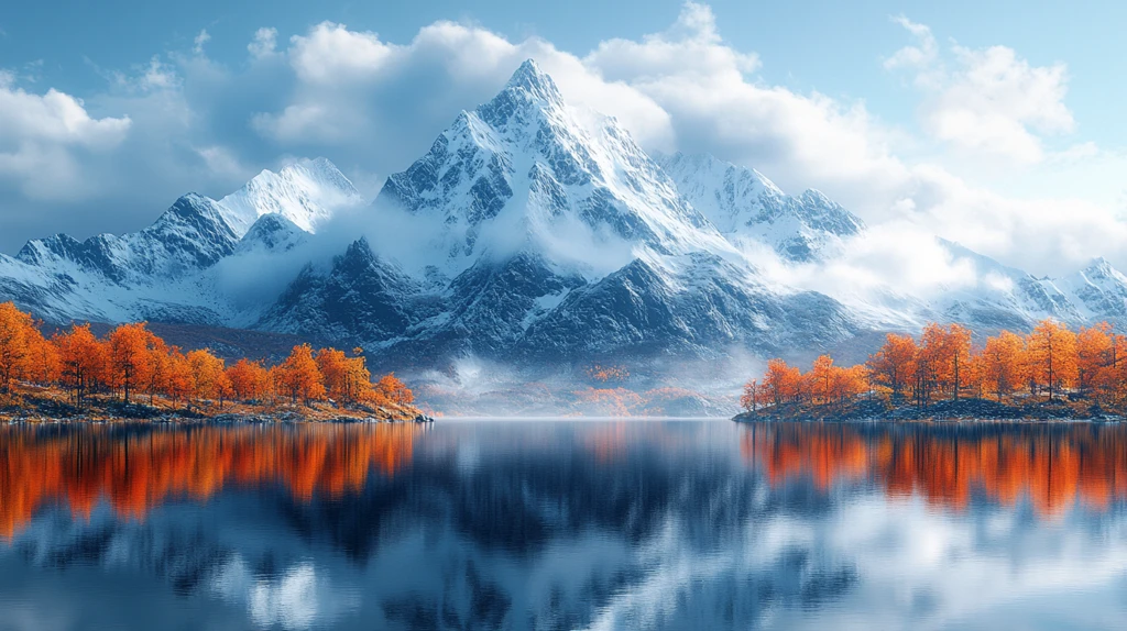 白雪皑皑的群山映衬着多云的天空