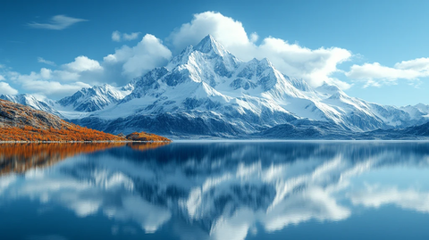 雪山湖水映云天