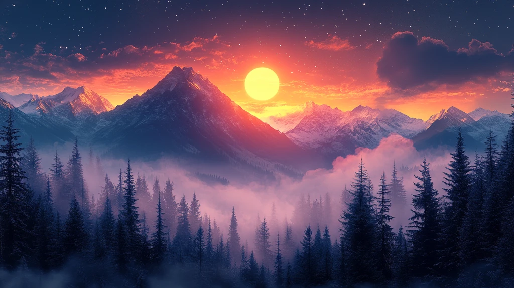 冬日山脉夕照图