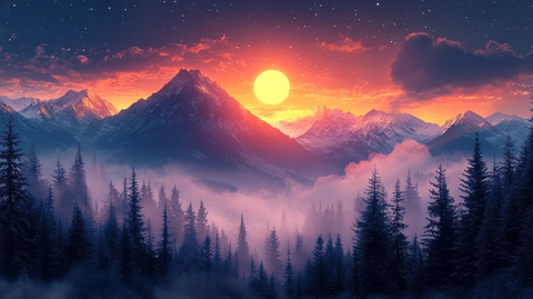 冬日山脉夕照图