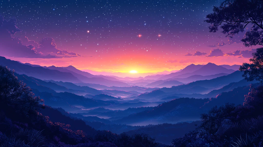 夜空映衬下的风景轮廓插画