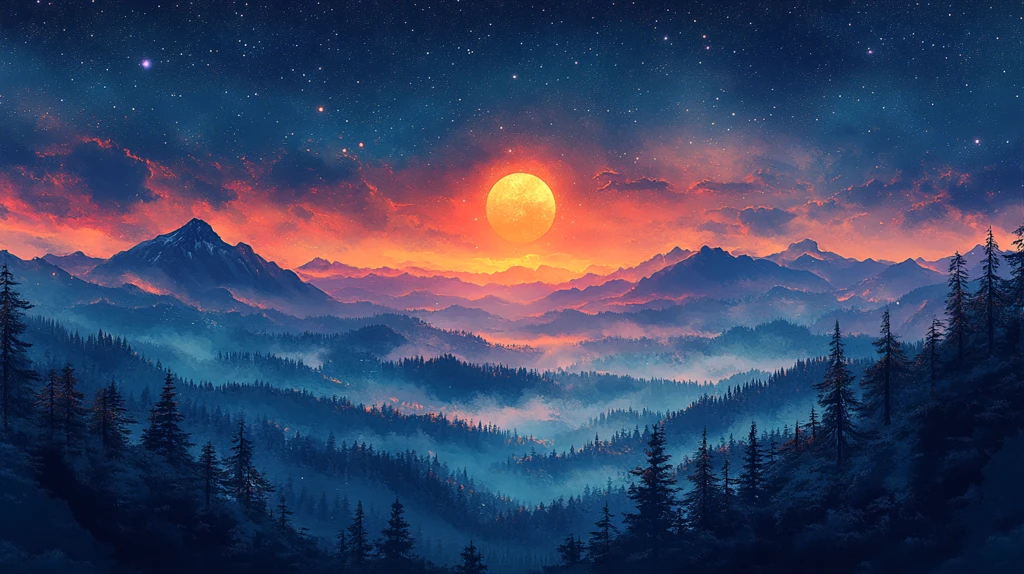 夜空映衬下的风景轮廓插画