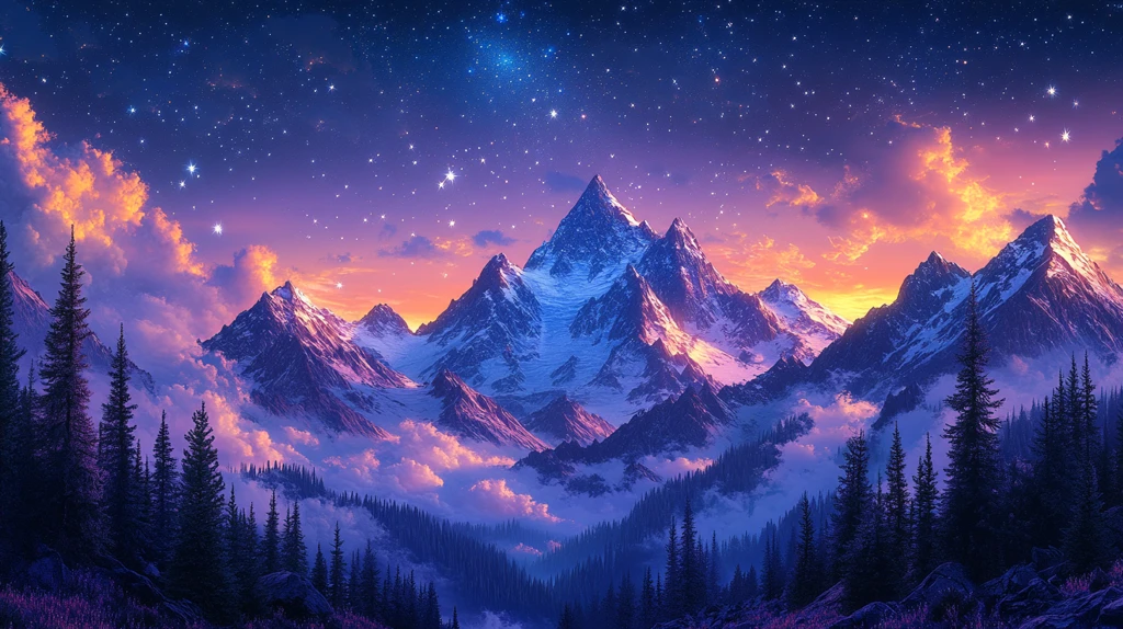 夜空映衬群山风景插画