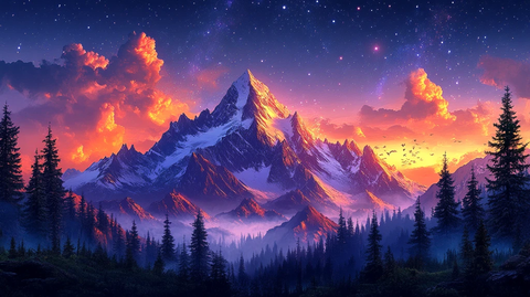 夜空映衬群山风景插画