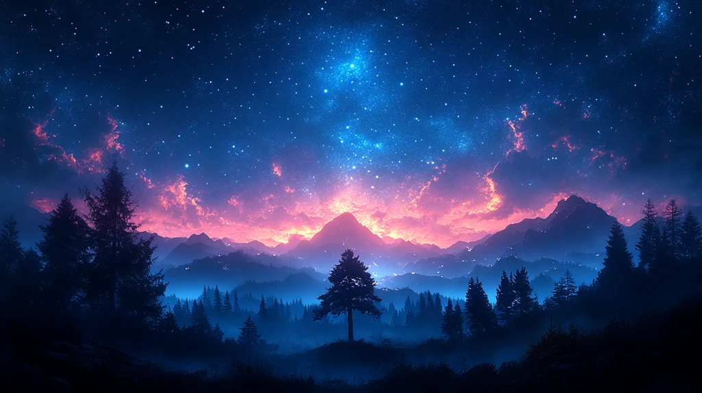 夜空中的星空映衬下的风景插画