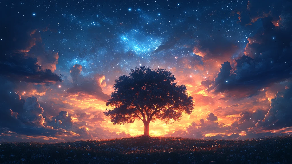 夜空中的星空映衬下的风景插画