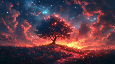 夜空中的星空映衬下的风景插画