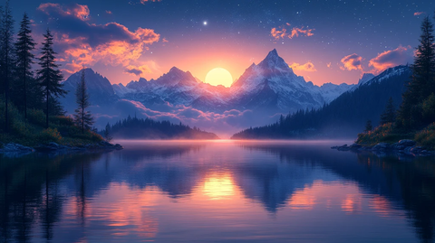 夜幕下的群山对峙的湖景