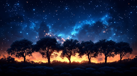 夜幕中的星空映衬下树木的轮廓