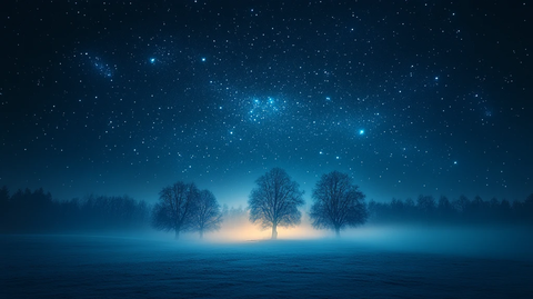 夜幕中的星空映衬下树木的轮廓