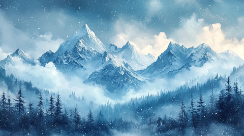 雪峰云天水彩画