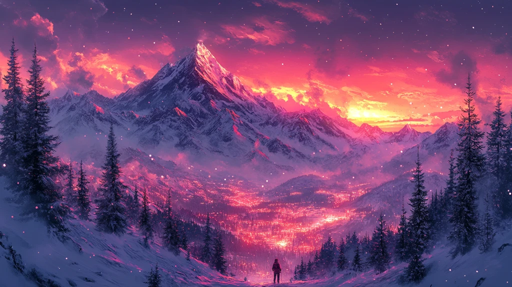 雪山夕照景