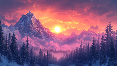 雪山森林夕阳图