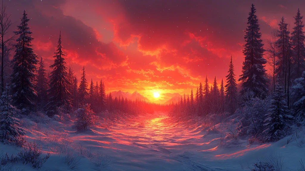 雪岭森林夕照图