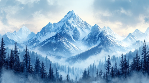 雪山树林晚霞图