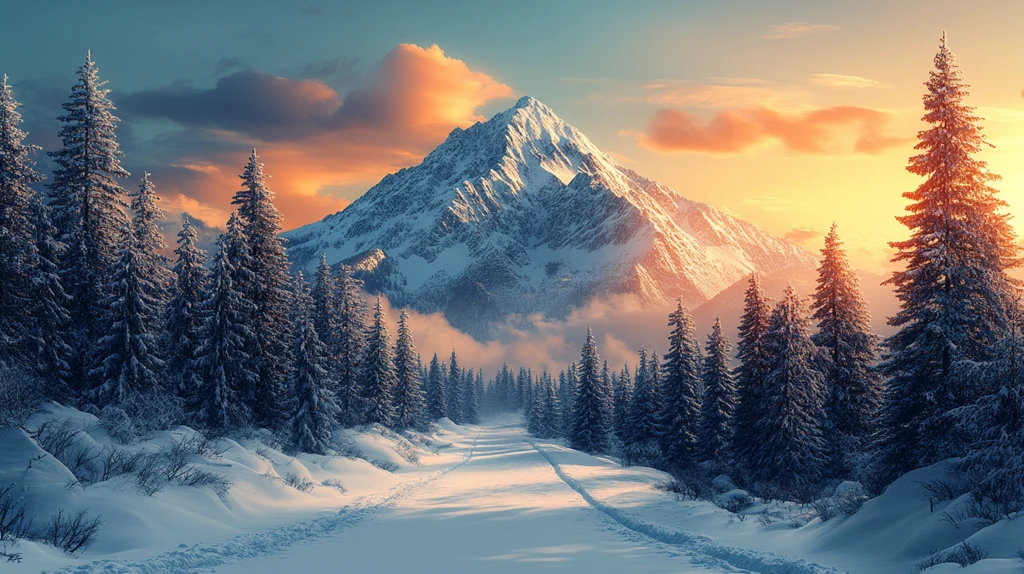 风景主题插画白雪皑皑的山上的树木顶着天空