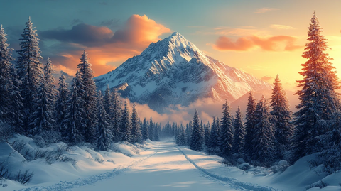 风景主题插画白雪皑皑的山上的树木顶着天空