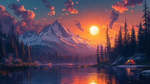 雪山湖畔露营图