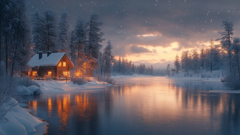 下雪冬天湖边的房屋