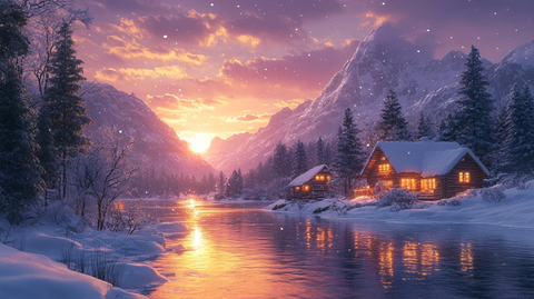 下雪冬天湖边的房屋