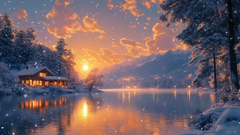 下雪冬天湖边的房屋