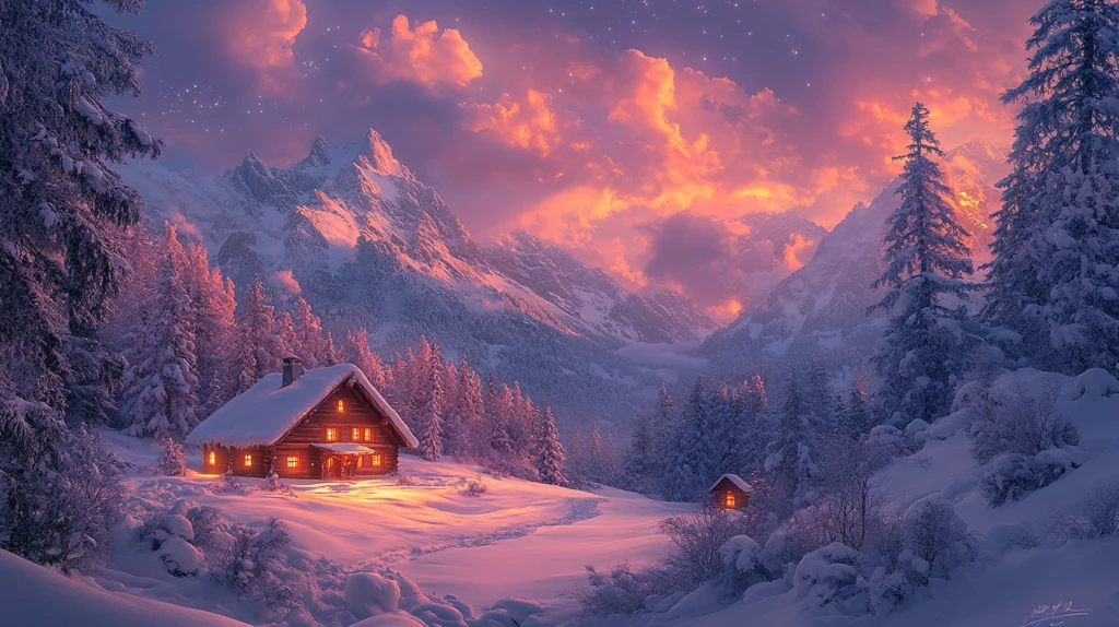 风景插画充满梦幻色彩的房屋