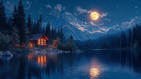 自然风景夜晚月亮小木屋蓝色卡通插画背景