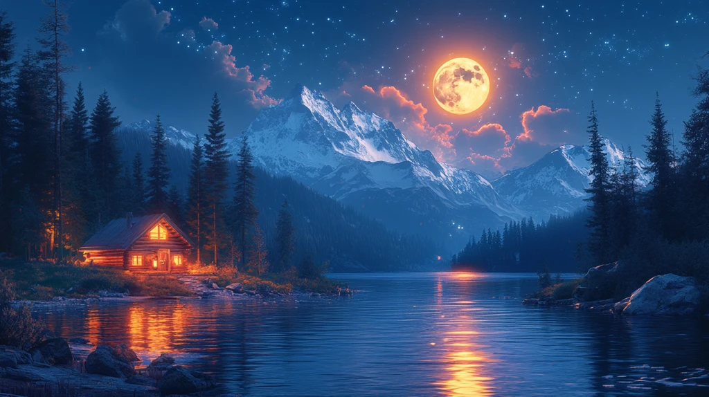 自然风景夜晚月亮小木屋蓝色卡通插画背景