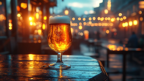 日落时手持啤酒杯的特写镜头