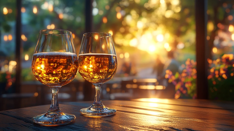 日落时手持啤酒杯的特写镜头