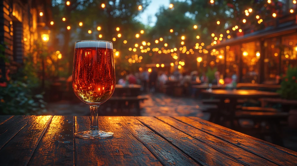 木桌上啤酒杯的特写镜头